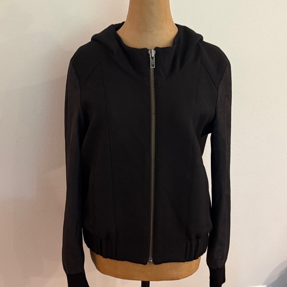 Helmut Lang sz M Black Bomber Jacket leather sleeves, wool blend, hooded zip up